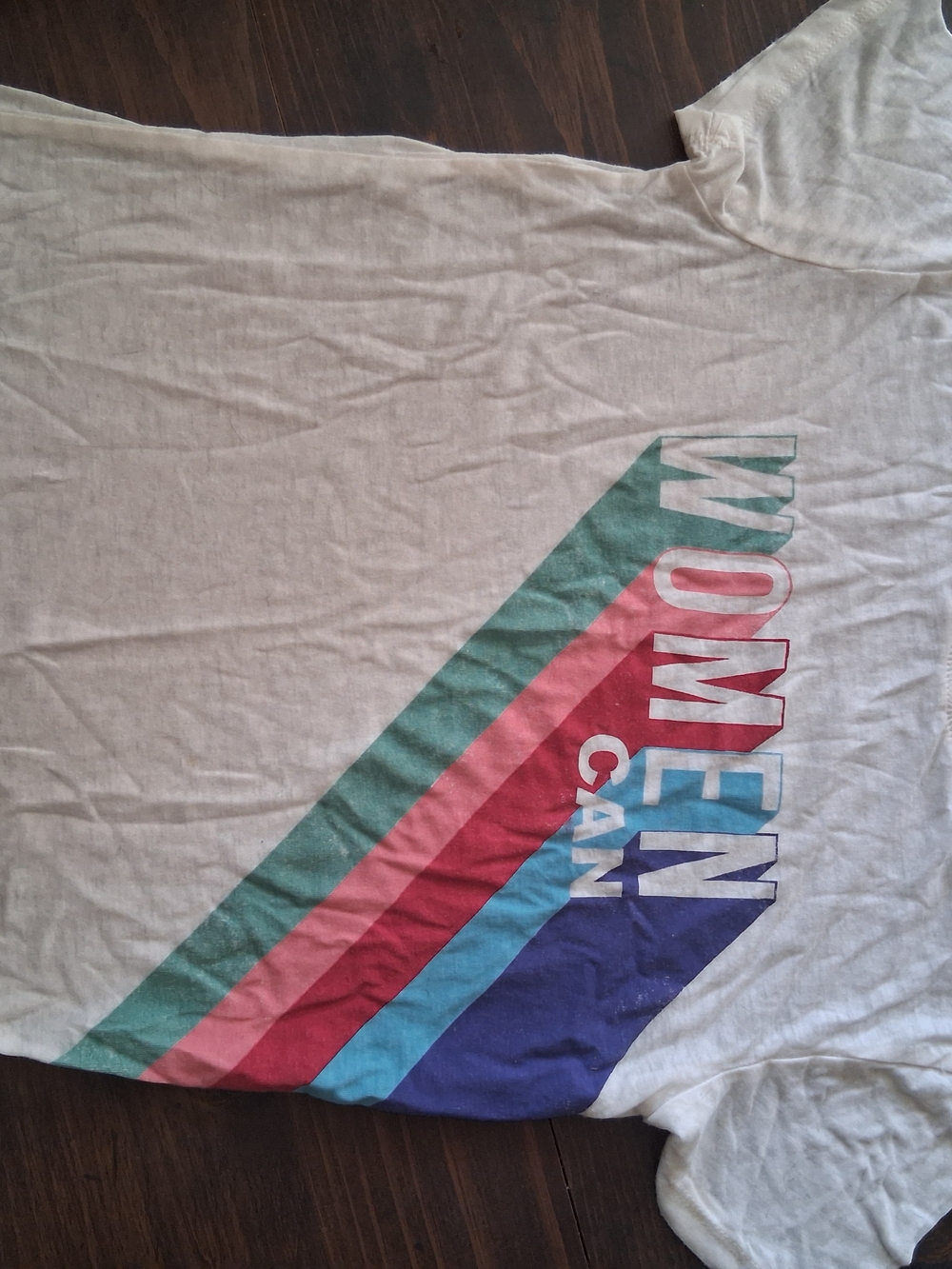 Vintage Graphic 'Women Can' Stripe Tee in Cream with Multicolor Stripes